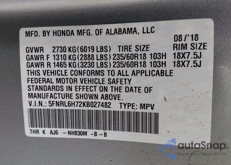 2019 Honda Odyssey Ex-L из США, поврежденный, VIN 5FNRL6H72KB027482